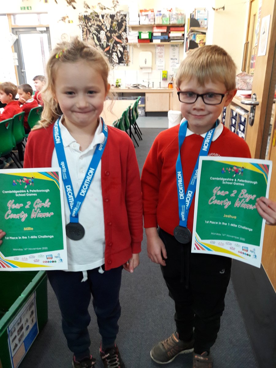 PrimaryHoughton's tweet photo. Our two very proud Key Stage 1 Friendship Run winners, they were delighted to receive their medals today! Thanks @cambspborosg and @DecathlonCambs https://t.co/clJFBme06D