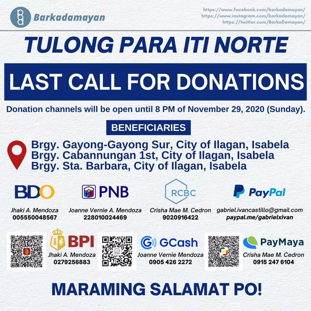 BarkaDamayan's tweet photo. [LAST CALL FOR DONATIONS]

To officially close Tulong Para Iti Norte, the team will be conducting its final relief operations on November 30 (Monday). Our donation channels will remain open until 8 PM of November 29 (Sunday). 

See the full post here: https://t.co/9fmLaAML7Q https://t.co/I3KOlLY8Jn