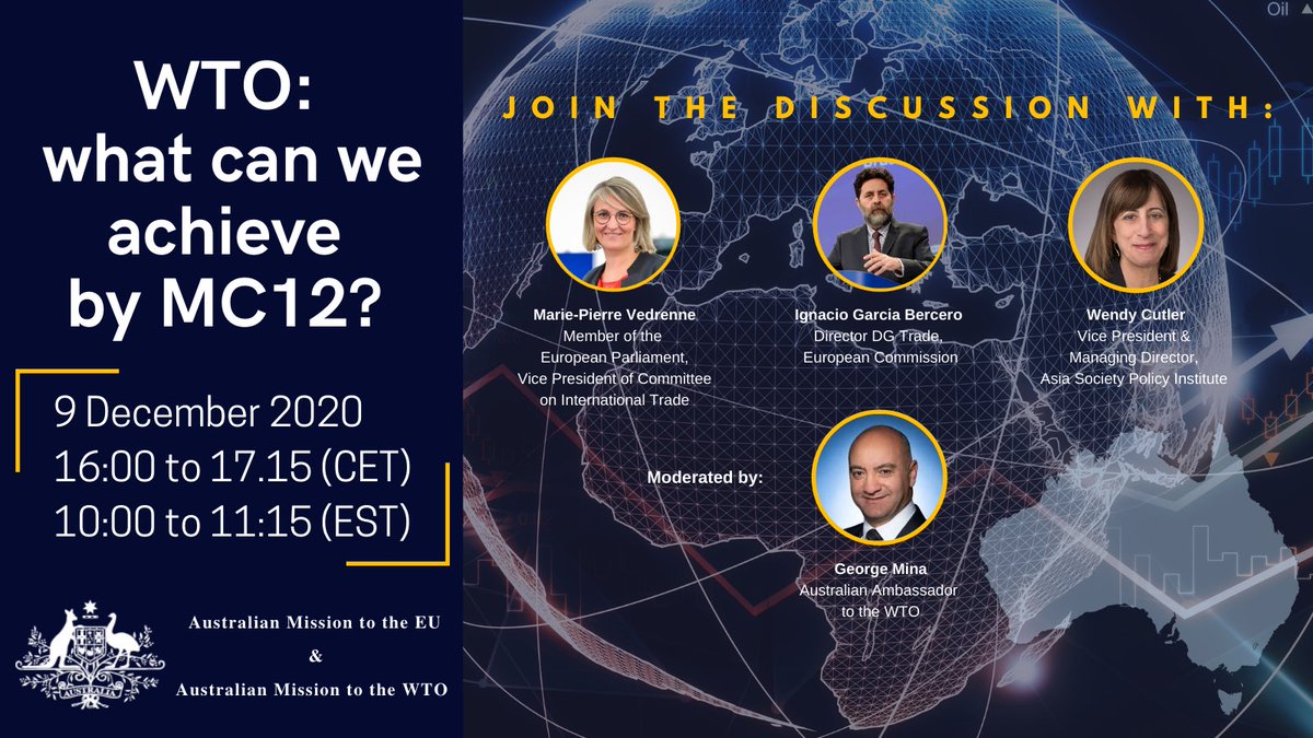AustraliaEU's tweet photo. The #WTO system is vital for our economies post #COVID19. Join our conversation💻in the lead up to #MC12 on 09/12 with:
➡️Marie-Pierre Vedrenne @MariePierreV 
➡️Ignacio Bercero @ignaciobercero
➡️Wendy Cutler @wendyscutler 
➡️George Mina @AusWTO 
Register👉https://t.co/nppkN2Dn31 https://t.co/Q0SsfbbRaa
