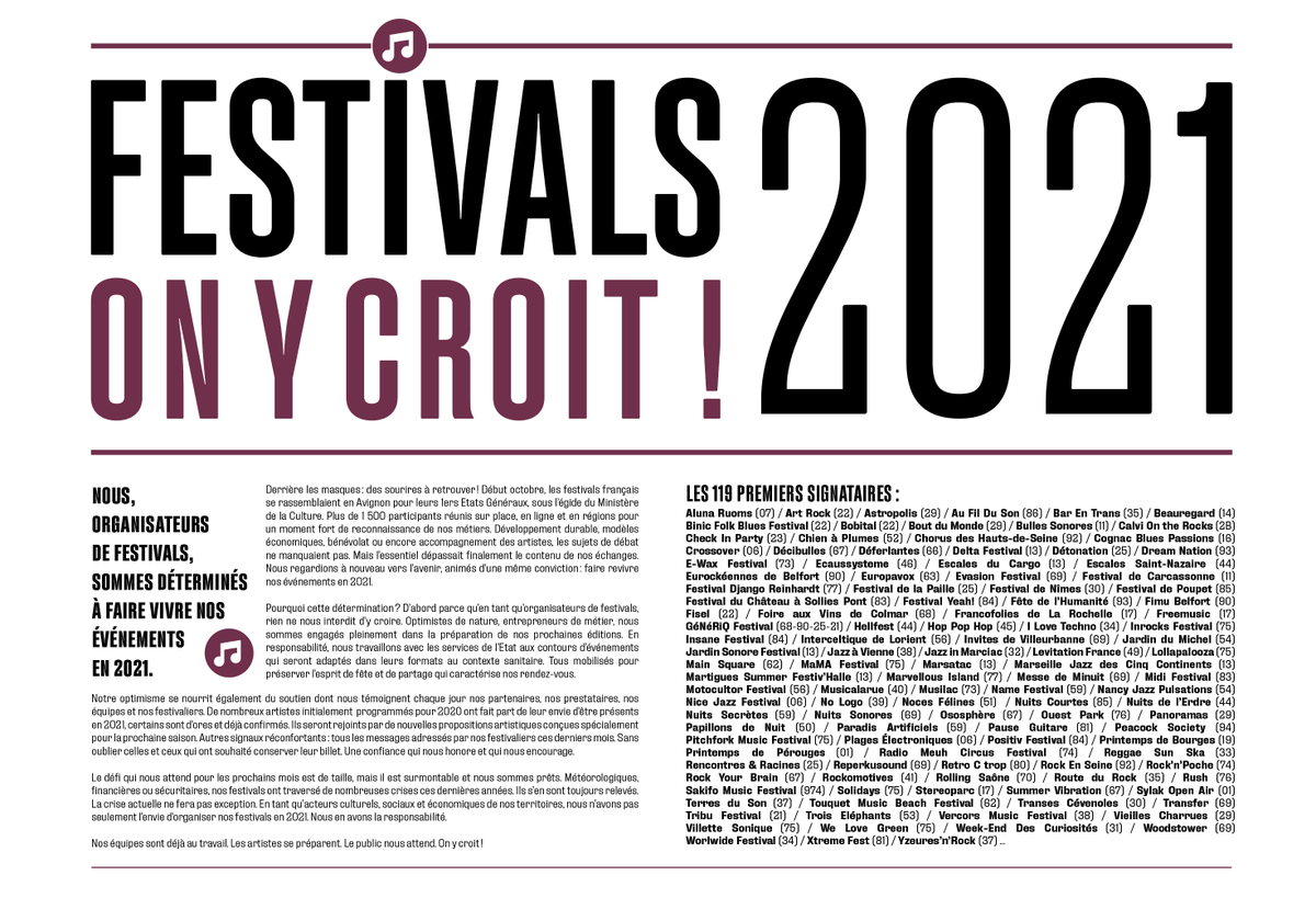 ✊ Le Touquet Music Beach Festival est dans les 119 premiers signataires de la tribune #FESTIVALS2021JYCROIS à destination de <a href="/R_Bachelot/">Roselyne Bachelot</a> <a href="/MinistereCC/">Ministère de la Culture 🇫🇷</a>  <a href="/JeanCASTEX/">Jean Castex</a> et de la DRAC Hauts-de-France.

La PROG' 2021 arrive bientôt !