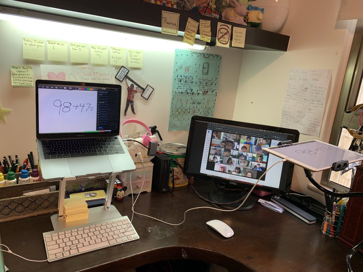 My new command center for virtual learning! Double monitors...a BIG WIN!! I love being able to see my students all at once when I’m screen sharing! #connectioniskey #readingtheaudience Thank you @wisemrmatt for the support! #AISsharethelove @aishongkong