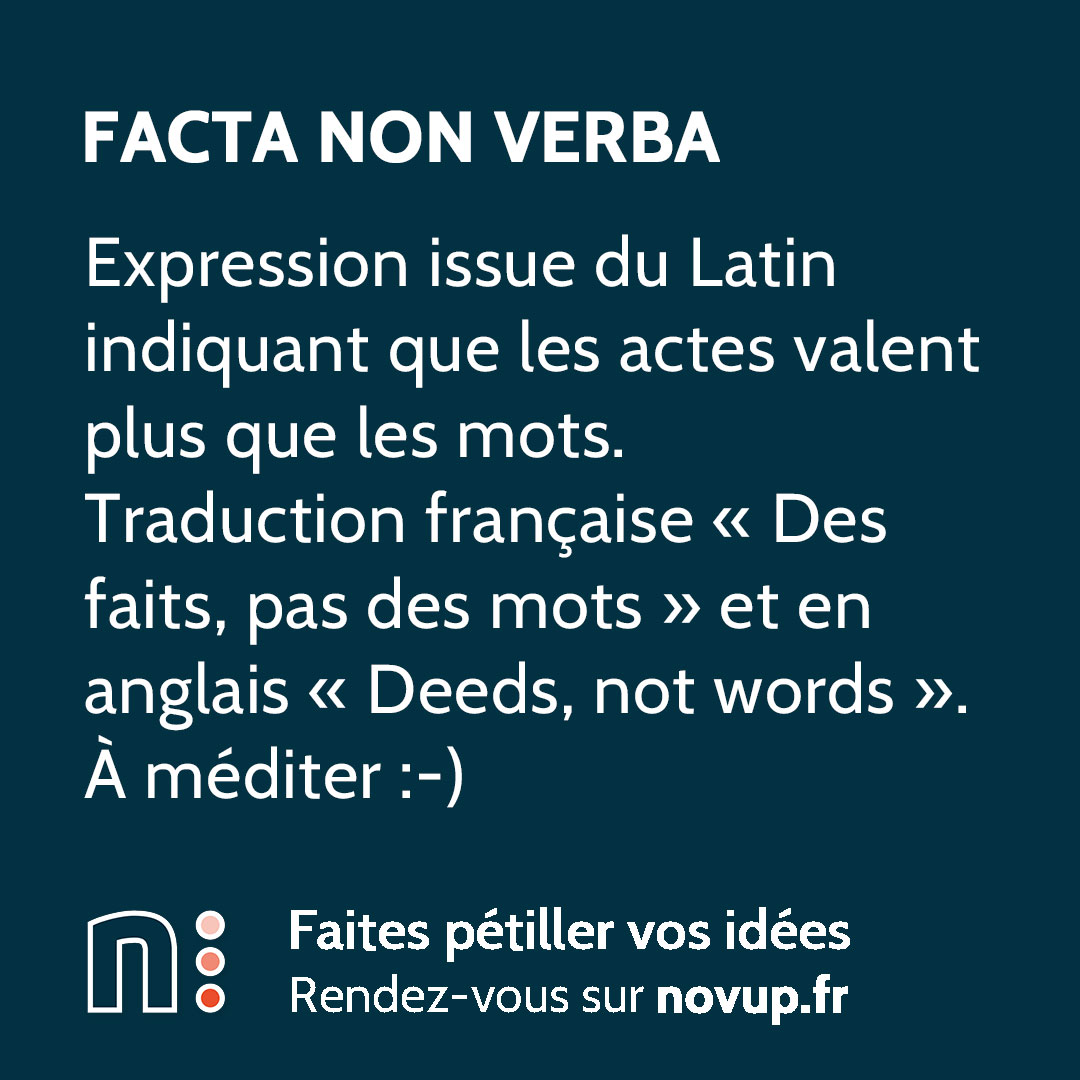[ DÉFINITION ] 

Facta Non Verba :

Expression issue du Latin indiquant que les actes valent plus que les mots.
Traduction française « Des faits, pas des mots » et en anglais « Deeds, not words ».
À méditer :-)

#action #engagement #exemplarite #leadership #moto #novup