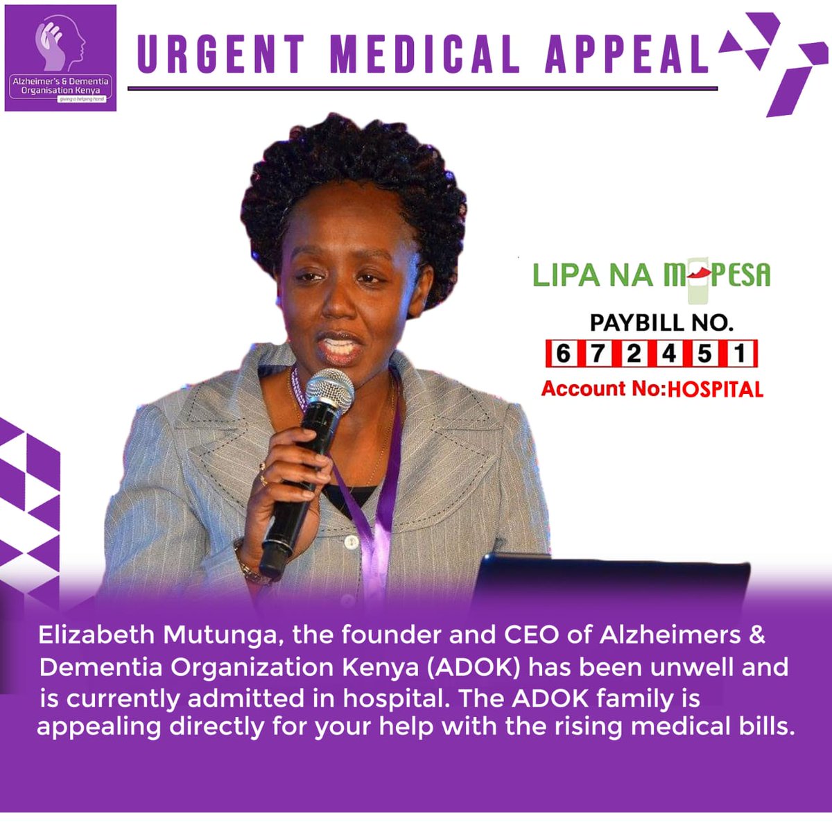 AlzKenya's tweet photo. Good day all, our founder and CEO @muekekasimu needs your support. #SupportingLiz https://t.co/bqpVrXFyjO