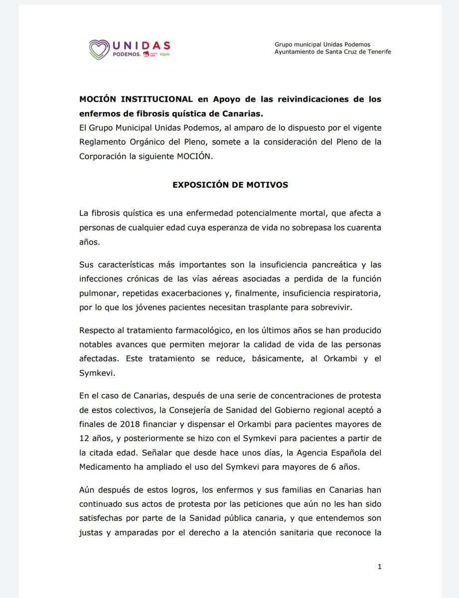DQuistica's tweet photo. Hoy hemos presentado una moción institucional en el Ayuntamiento de S/C de Tenerife. Seguimos reclamando las unidades de Fibrosis Quística y a instar al Gobierno de Canarias para que a su vez inste al Gobierno Central el RGD del 33% desde el diagnóstico. 👇🏾 https://t.co/b4o6JMZu49