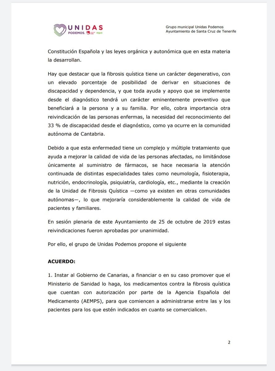 DQuistica's tweet photo. Hoy hemos presentado una moción institucional en el Ayuntamiento de S/C de Tenerife. Seguimos reclamando las unidades de Fibrosis Quística y a instar al Gobierno de Canarias para que a su vez inste al Gobierno Central el RGD del 33% desde el diagnóstico. 👇🏾 https://t.co/b4o6JMZu49