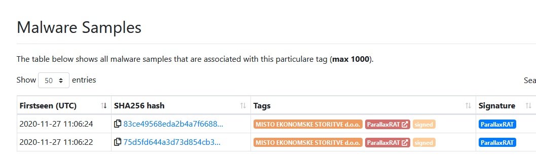 #signed "MISTO EKONOMSKE STORITVE, d.o.o."
#ParallaxRAT
Samples
https://t.co/m9GPaHFMZe
@hatching_io
๐ขhttps://t.co/zvyxxaRbbV
๐ขhttps://t.co/tk82H3E5tO
h/t @malwrhunterteam
cc @Arkbird_SOLG @sugimu_sec @verovaleros @VK_Intel @Jan0fficial @lazyactivist192 @felixw3000 https://t.co/9c93oOpTgM