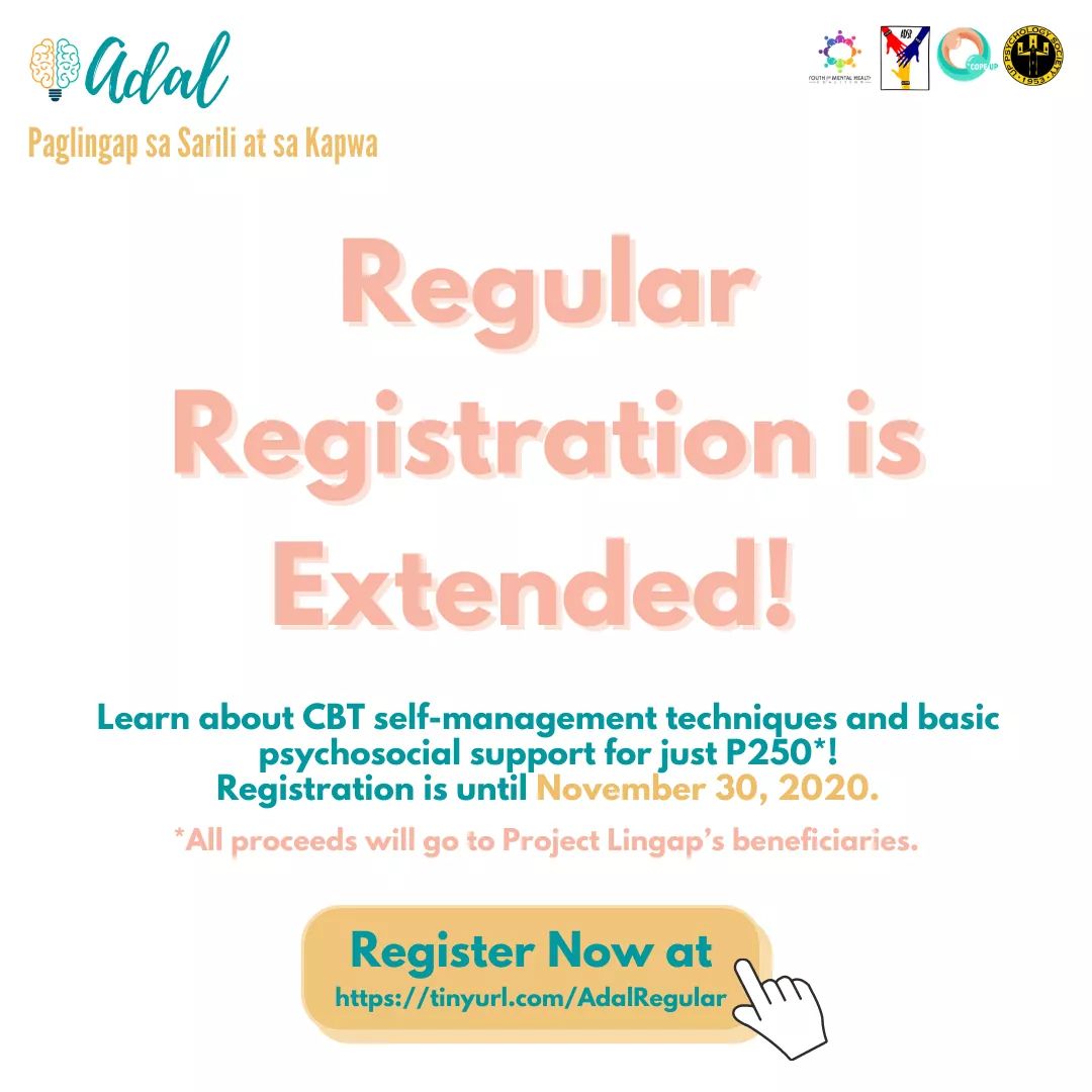 youth4mh's tweet photo. Good news: Registration for ‘Adal: Paglingap sa Sarli at sa Kapwa’ is extended until November 30!
Sign up now at https://t.co/dzVkSZyWAY and help raise funds for the medicines of mental health service users.
#MoveforMentalHealth #Lingap #HelpIsHere https://t.co/VAHODaZOVJ