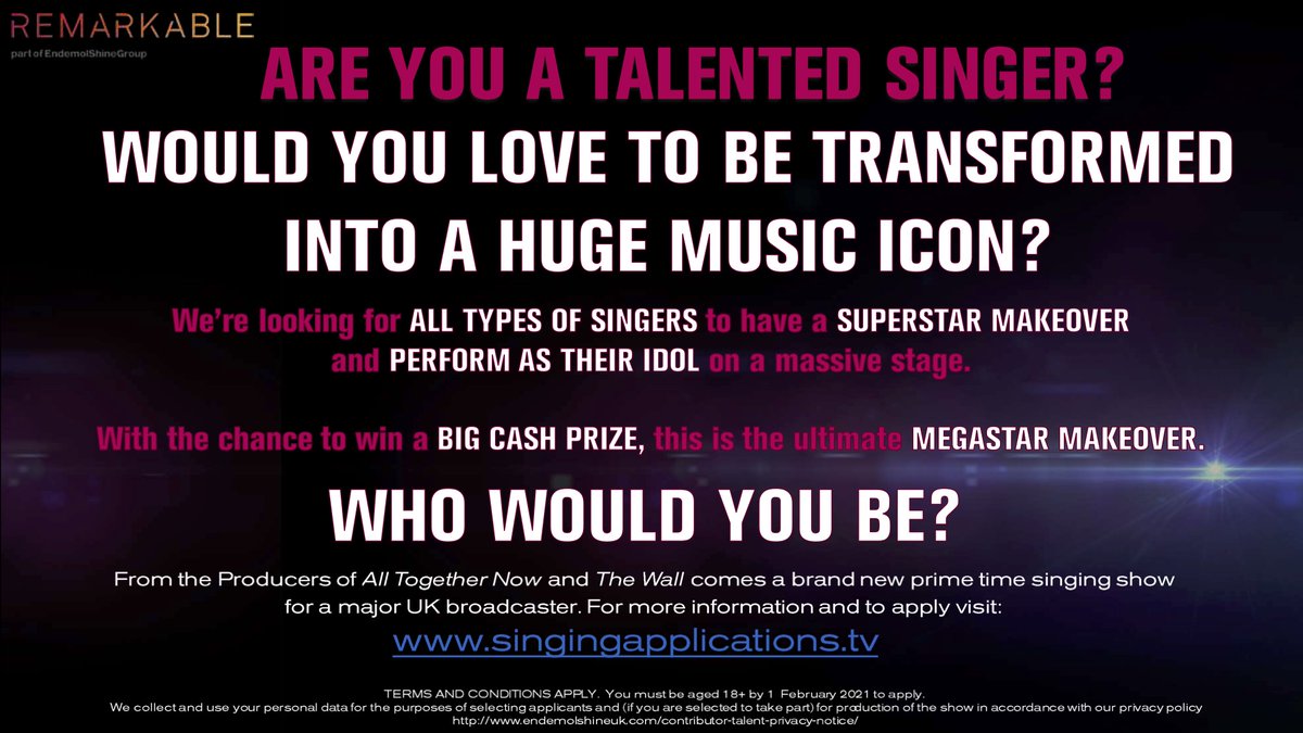 BRAND NEW PRIME TIME singing competition for a MAJOR UK brdcaster is searching for you! Dreamed of being transformed into one of your favourite music icons to perform on a massive stage and win a BIG cash prize? 18+ Just click singingapplications.tv  #singing #music #icon