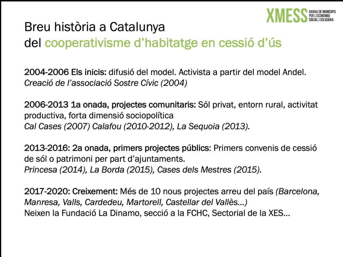 XmessCat's tweet photo. Una mica d'història del cooperativisme d'habitatge en cessió d'ús. Hi ha 15 projectes, com @sostrecivic #CalCases, #Calafou #laSequoia @BordaCoop @ladinamo_ entre d'altres. 

El model ajudar a complir el 15% d'habitatge social que els municipis han de tenir, per llei. https://t.co/IDeCFarfJ4