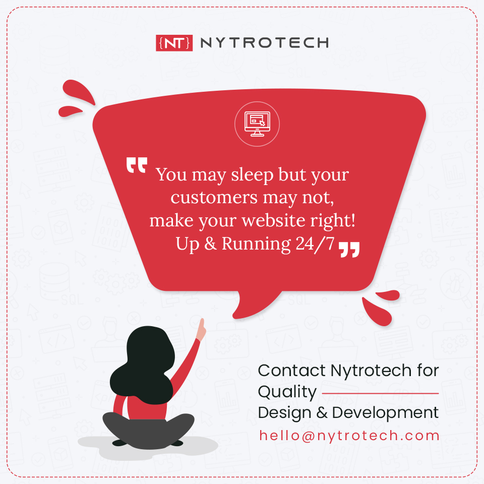 nytrotech_com's tweet photo. One major benefit of having an online store is its 24/7 access to your customers. Get your error-free website from Nytrotech and enjoy a peaceful sleep :)
#WebDesigning
#WebDevelopment
#Nytrotech https://t.co/Q81QX9uU9p