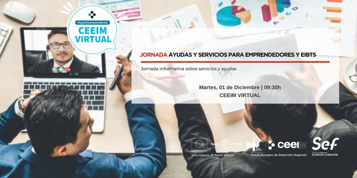 EstherCostaV's tweet photo. #emprendedores #empresas 💡
😀🤳El próximo Martes 1/12 en #ceeimvirtual 👉Jornada informativa sobre #Ayudas 💸 y #Servicios 🙋para emprendedores y EITBs con @infoRMurcia y @sef_carm https://t.co/sdHLOEIpdi https://t.co/O6qBwqvuc2