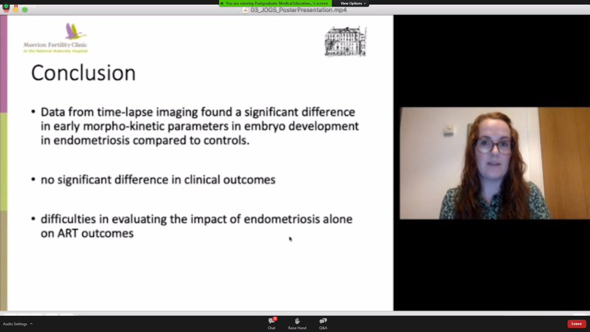 JOGSIreland's tweet photo. Fiona Reidy giving us a quick overview of her fellowship work at @mfc_merrion on utilising time-lapse microscopy in early embryo development in endometriosis #tops20JOGSposter #JOGS2020 https://t.co/I6GSpUr745