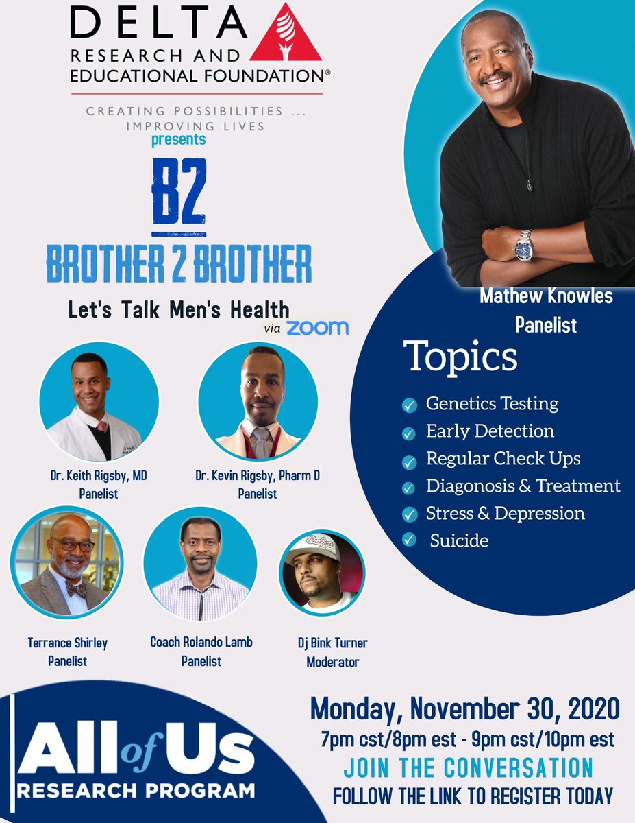 DREF_RsrchMtrs's tweet photo. Join us for a dialogue addressing the overall wellness crisis facing our Brothers, Fathers, Friends, Partners and Sons  on 11/30 at 8PM EST.
Click here to register: 
https://t.co/FiulFtyu2M
#joinallofus https://t.co/z8x8QqtROg