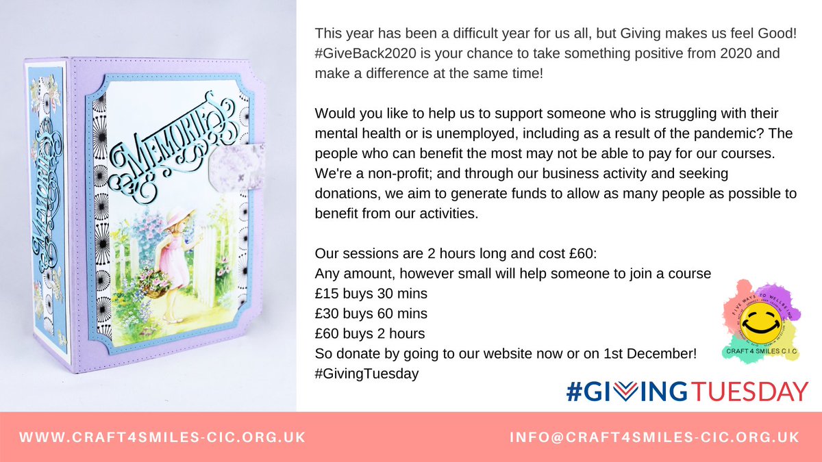 craft4smilescic's tweet photo. This year has been a difficult year for us all, but Giving makes us feel Good! #GiveBack2020 is your chance to take something positive from 2020 and make a difference at the same time!😊 Donate here: https://t.co/lcpjxfUY5I
@givingtuesday #GivingTuesday @ModestKava https://t.co/fxm5puGHt0