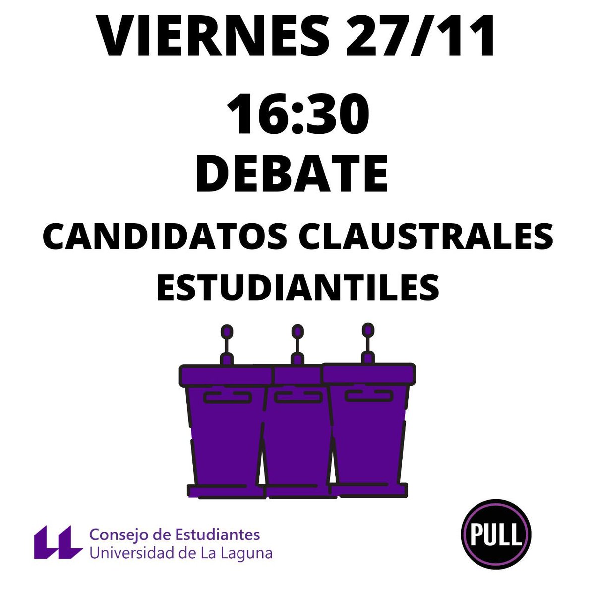 conestULL_'s tweet photo. Hoy se celebra el debate por las Eleccciones al Claustro estudiantil de la ULL y se retransmitirá en directo por @PeriodismoULL en instagram y en facebook a las 16:30. En él contaremos con la presencia de los portavoces de @GrupoEULL @LECanarias y @ACEull

#eleccionesclaustroULL https://t.co/hVXVI7btqi