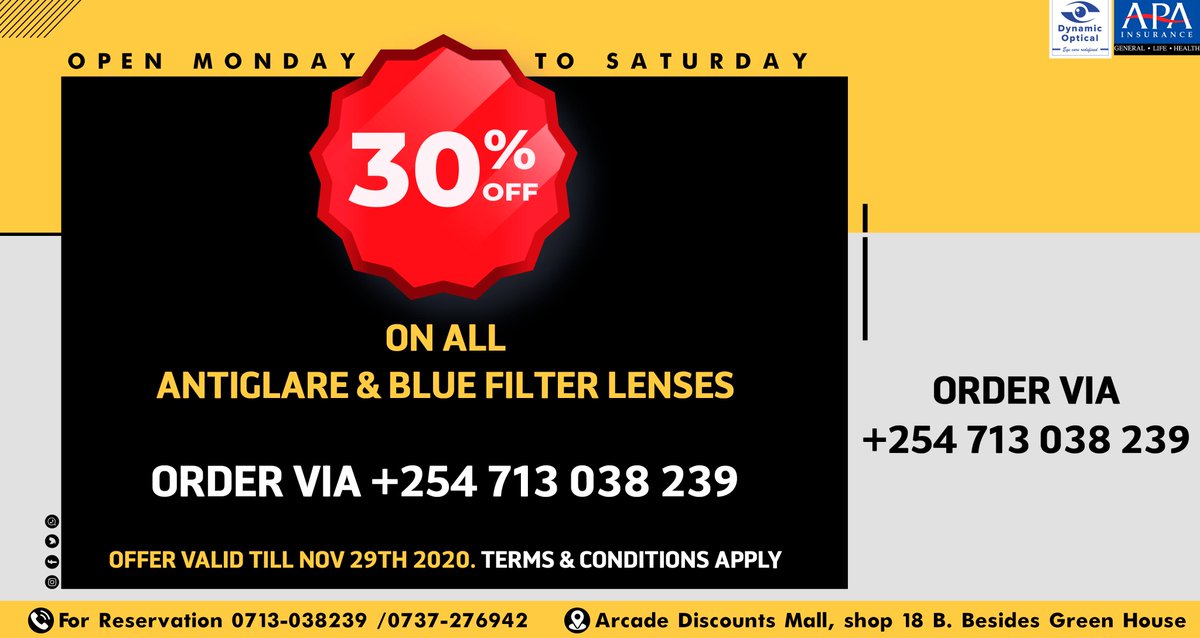Dynamic_Optical's tweet image. 30% ON ALL ANTIGLARE &amp;amp; BLUE FILTER LENSES. This is not a drill, get 30% off all antiglare &amp;amp; blue filter lenses from today until the 29th of November. Call 0713038239 or 0737276942 or visit us at to Arcade Discounts Mall, Shop 18B besides Green House on Ngong Road.