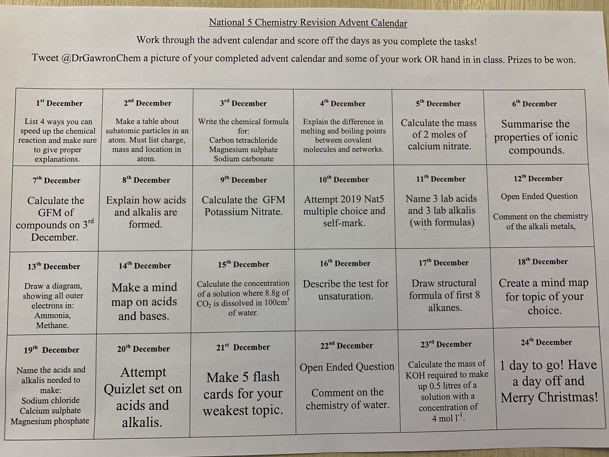 It’s that time of the year again! Nat 5 Chemists will be sent off with Chemistry Advent calendar next week to help them revise for their prelims. 🎄 @ArbroathHigh