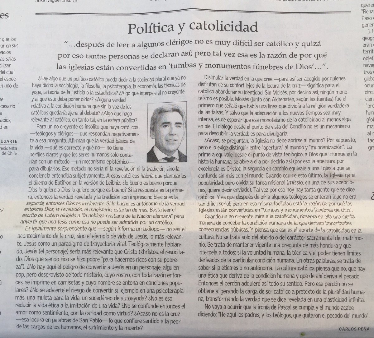FlorenciaRE's tweet photo. ¿Hace cuánto tiempo no escuchábamos hablar del pecado original, con todas sus letras y en 1a plana? A los que les parezca “antiguo”, incluidos algunos sacerdotes y teólogos, Carlos Peña les recuerda que la ética católica no admite un acomodo al infinito de conciencias subjetivas https://t.co/Uq6kCRhhIh