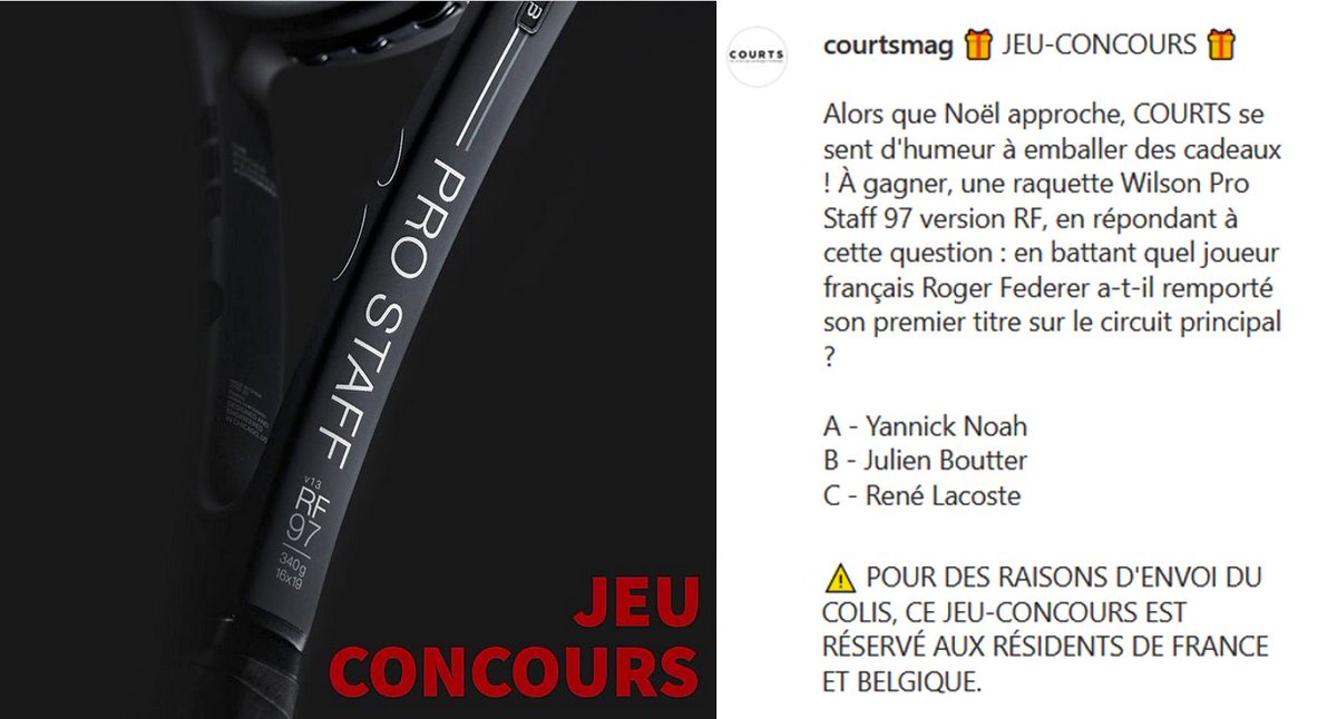 🎁 JEU-CONCOURS : tentez de gagner une Wilson Pro Staff 97 RF ! #Tennis

Pour participer, vous avez jusqu'au 29/11/2020, 22h. Lundi, un gagnant sera tiré au sort. Pour espérer être l'heureux élu :
➡️ donner la bonne réponse (A, B ou C)
➡️ retweeter ce post
➡️ follow <a href="/CourtsMag/">COURTS Mag</a>