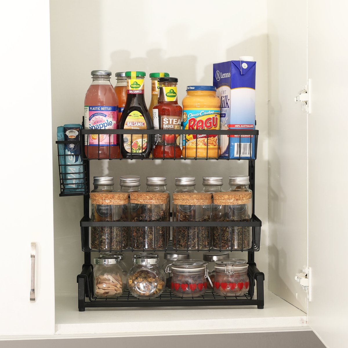 cosrack's tweet photo. X-cosrack 3 Tier Spice Rack with Cutlery Basket Countertop &amp; Wall Mounted Height Adjustable Seasoning Jar Organizer with 5 Hooks Condiment Bottle Holder Stand 2 Tier Kitchen Bathroom Storage Shelf https://t.co/aKPwyXX2KK