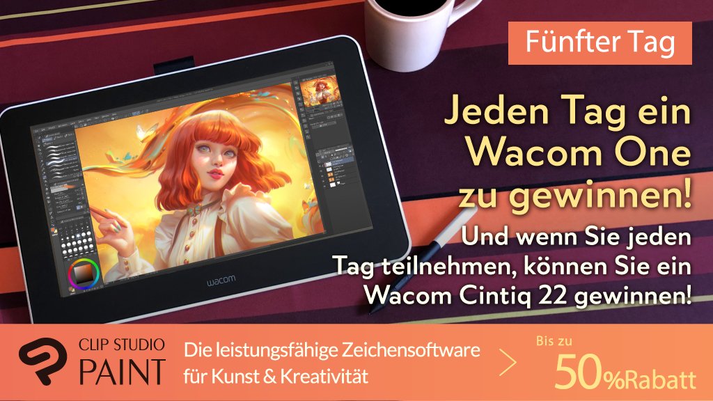 clipstudiopaint's tweet photo. Folgen Sie dem offiziellen CLIP STUDIO PAINT Account &amp; retweeten Sie unseren Kampagnen-Tweet! Wir verschenken täglich ein Wacom One! Noch 2 Chancen! Dazu die Chance auf ein Wacom Cintiq 22 bei täglicher Teilnahme! Teilnahmeregeln: https://t.co/P1TZkdF46f https://t.co/VuVVbNSiTa