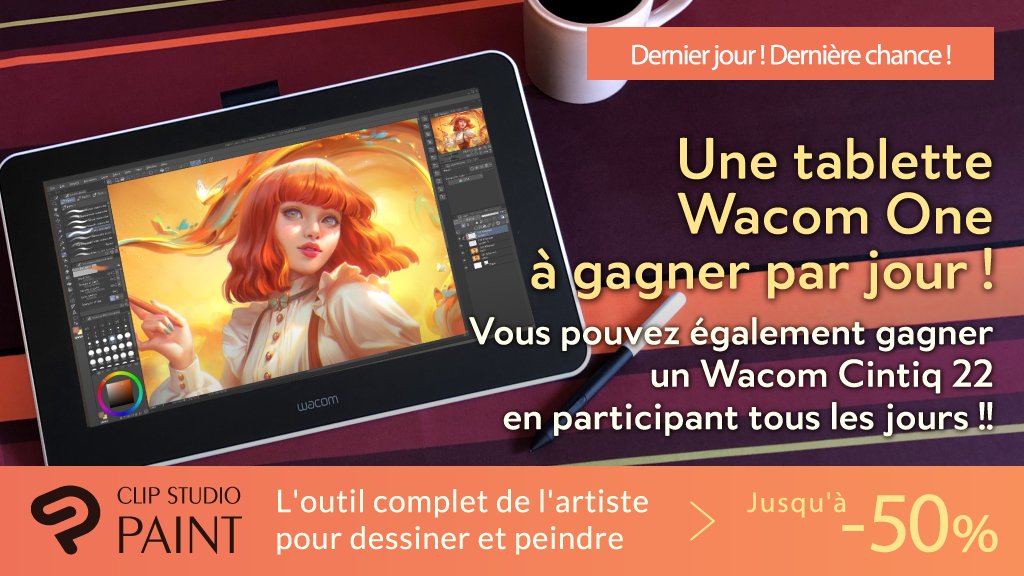 Suivez le compte de CLIP STUDIO PAINT, gagnez une Wacom One en retweetant ce tweet ! Dernier jour ! Si vous avez participé chaque jour, citez le hastag #CSPBlackFriday2020 pour gagner un Wacom Cintiq 22 ! Détails : clipstudio.net/promotion/give…