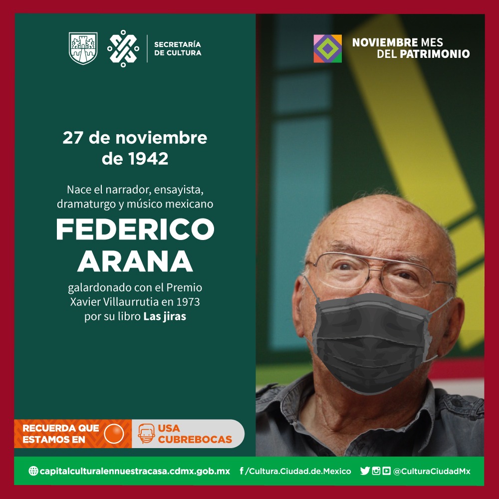 #Efemérides del 27 de noviembre.
Un día como hoy pero de 1942, nace el narrador, ensayista, dramaturgo y músico mexicano Federico Anaya.
#Efemerides #DerechoALaMemoria #CapitalCultural de América https://t.co/7cndqmXptY