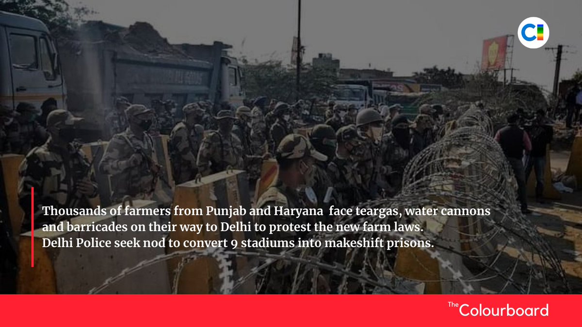the_colourboard's tweet photo. Thousands of farmers from Punjab, Haryana, Uttar Pradesh and Uttarakhand moved towards the capital on November 26 to protest against the new farm laws. Delhi Police seek permission to turn 9 stadiums into makeshift prisons.

#TheColourboard #FarmersProtest #DelhiChaloProtest https://t.co/e2F0ZJAAZW