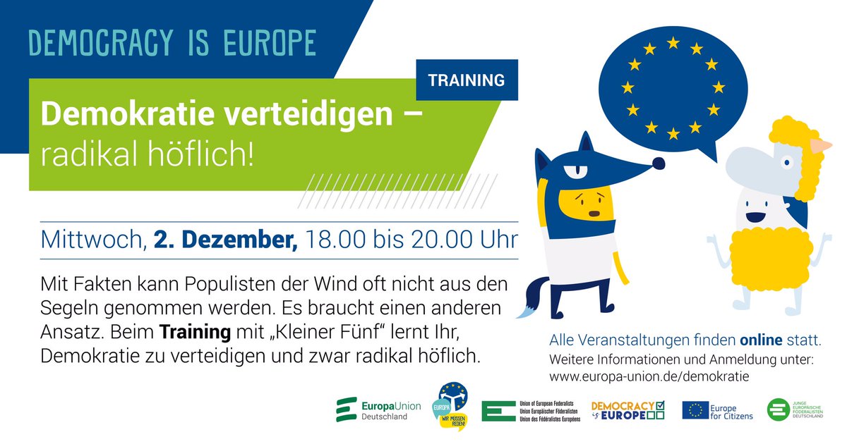 Wirksame Methoden gegen Populismus, Verschwörungstheorien oder menschenfeindliche Aussagen? 
Kein Problem mit unserem Training: Demokratie verteidigen - radikal höflich! zusammen mit @kleinerfuenfeuropa.
Am 02.12. 18:00-20:00h - Meldet euch jetzt hier an: europa-union.de/demokratie/anm…