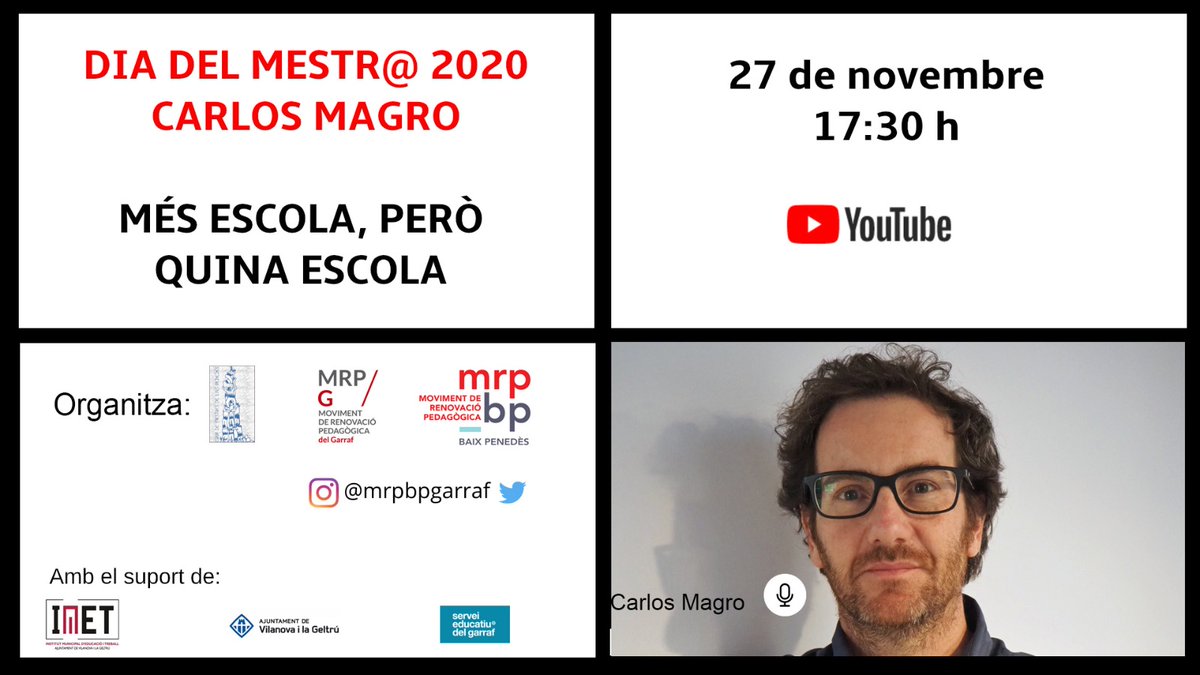 RusellMaria's tweet photo. ⚠️RECORDEU⚠️
📌Avui Xerrada: "Més escola, però quina escola".@mrbpgarraf i #GrupdeMestresdelAltPenedes us convidem a la conferència de @c_magro , en el marc del DIA DEL MESTRÆ.🧑‍🏫

🕠 Hora: 17:30 h 
🖥️ YouTube: https://t.co/GVEHLWr7X6 https://t.co/TIatko1HUw