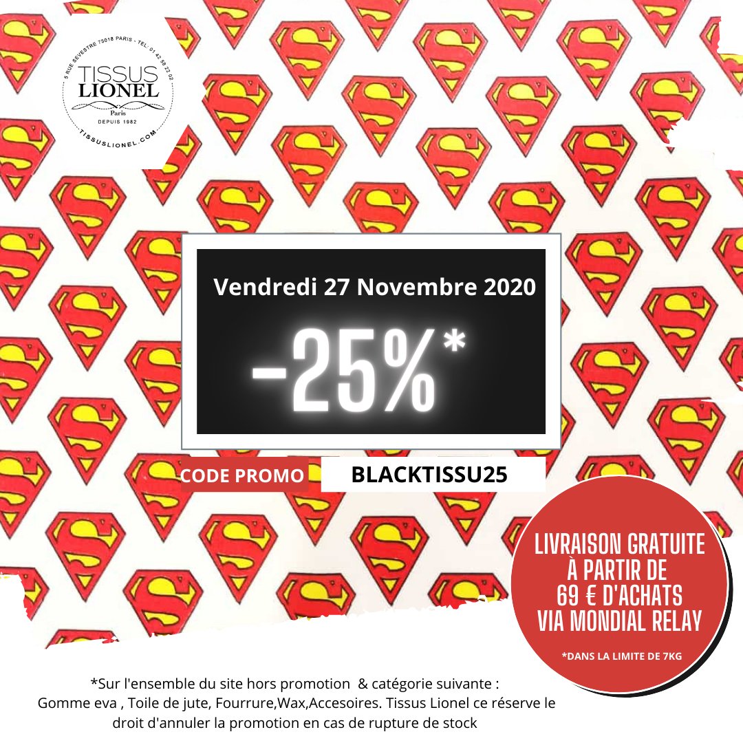 Le Black Friday🇨🇵 Tissus lionel  c'est maintenant attention quantité limité 🎁  bénéficiez de 25 % de réduction sur l'ensemble* du site rendez-vous sur buff.ly/2HQN9OO #tissu #coton bio aux motifs #Marvel #Disney et #HarryPotter.