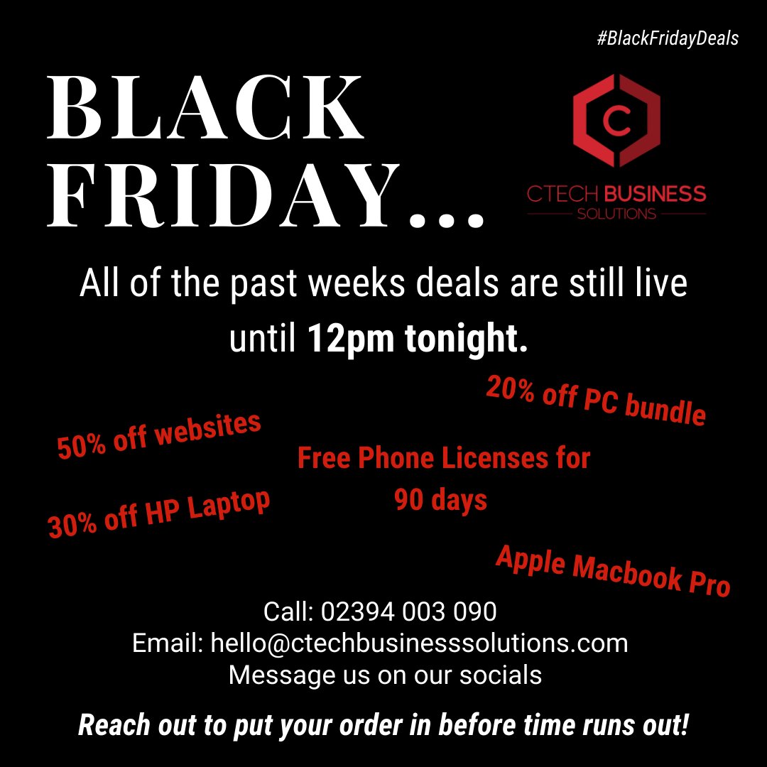 CTECHBUSINESS's tweet photo. To place your order or find out more about our deals, call us today on 02394 003 090 or email hello@ctechbusinesssolutions.com #BlackFriday https://t.co/Eqe5UpUV5i