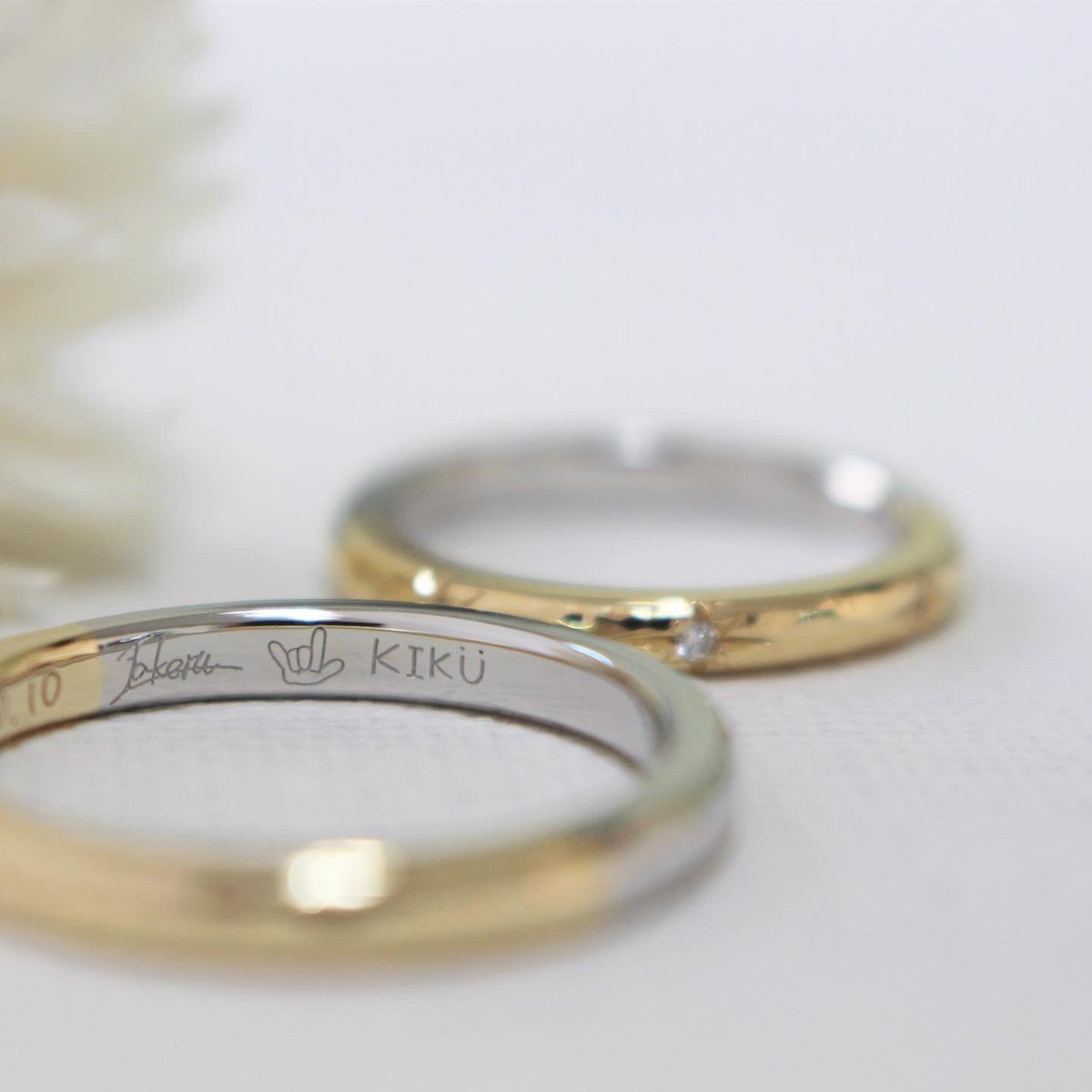 手作り指輪のお店 M Studio 内側には記念日 お二人のお名前と I Love You の手話を 可愛いイラスト ﾟ 結婚指輪 マリッジリング 手作り指輪