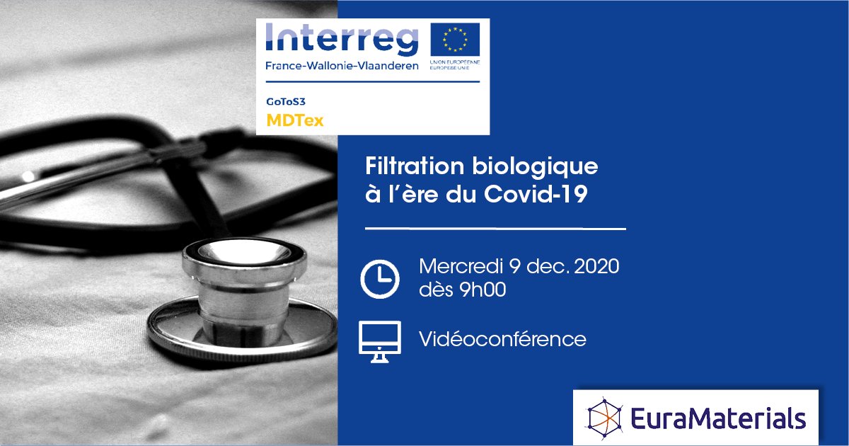 MDTex_EU's tweet photo. L'atelier 100% digital du projet  @InterregFWVL  : 
@mdtex_eu
se déroulera le 9 décembre sur le thème de la filtration biologique à l'ère du Covid-19.
Il se tiendra dans le cadre des événements 
@medfit_event + @biofit_event

Infos et inscriptions ➡ https://t.co/w6TsqMgrol https://t.co/ohnrrvEqAP