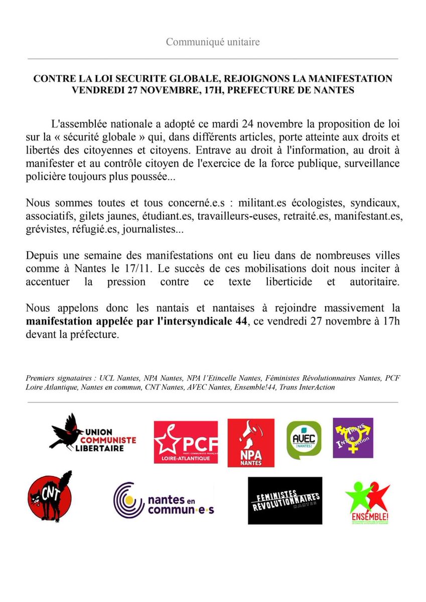 NantaisesEL's tweet photo. #StopLoiSecuriteGlobale 
Rdv à 17h devant la préfecture https://t.co/sUI3x8YAV7