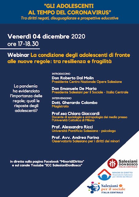 Sal_MinDiritto's tweet photo. Vi aspettiamo Venerdì 4 dicembre  con il Webinar “ LA CONDIZIONE DEGLI ADOLESCENTI DI FRONTE ALLE NUOVE REGOLE: TRA RESILIENZA E FRAGILITÀ”per parlare di adolescenti e regole, di come la pandemia ha influito sulle regole e di come hanno risposto i ragazzi  https://t.co/CX29xUo73y https://t.co/DZNKcYBvbt