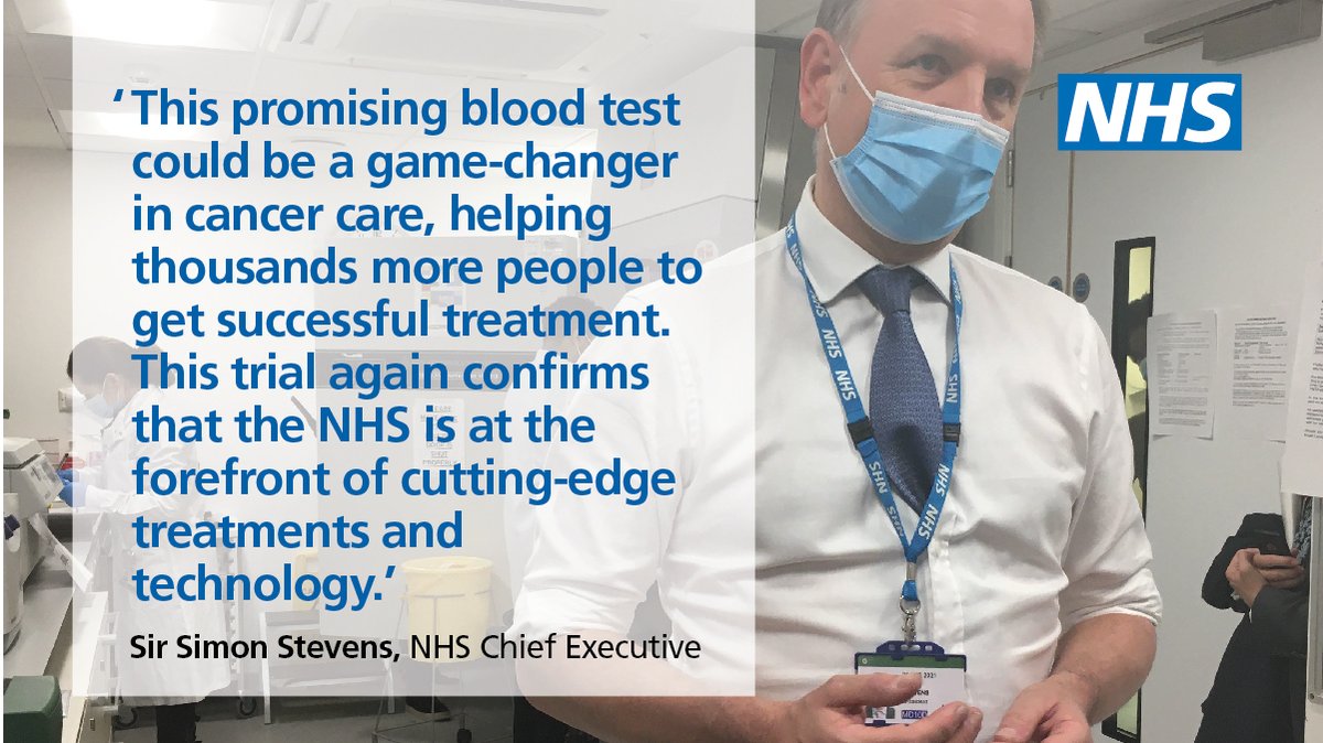 NHSEngland's tweet photo. An innovative blood test that may spot more than 50 types of cancer will be piloted by the NHS in a world-leading study, Sir Simon Stevens announced today.

The Galleri blood test can detect early stage cancers and will be piloted with 165,000 patients. https://t.co/W7UnCQttwr https://t.co/h6SYowIK5r