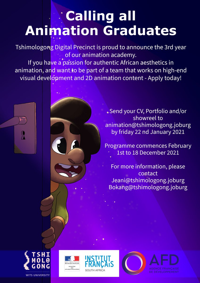 TshimologongIT's tweet photo. This past weekend we hosted an awesome #AnimationJam where our teams had 48hrs to create a #shortfilm.

Should you want to enrol in our Animation Academy for 2021, apply today &amp; make sure you don't miss the deadline, (details below).
See you next year 😁
#animator
#Tshimologong https://t.co/cDfPm3AjaF