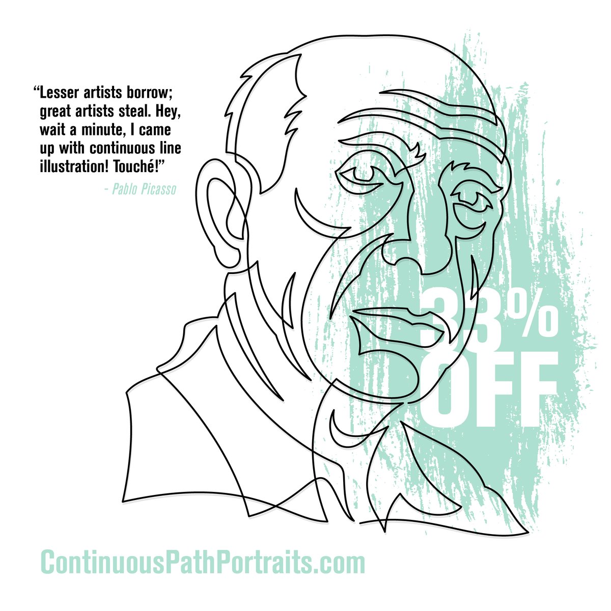 Vonster's tweet image. 33% OFF for Black Friday. Good until midnight Saturday. You pick the subject and I create it for you. ContinuousPathPortraits.com #continuouslineart #oneliners #customart