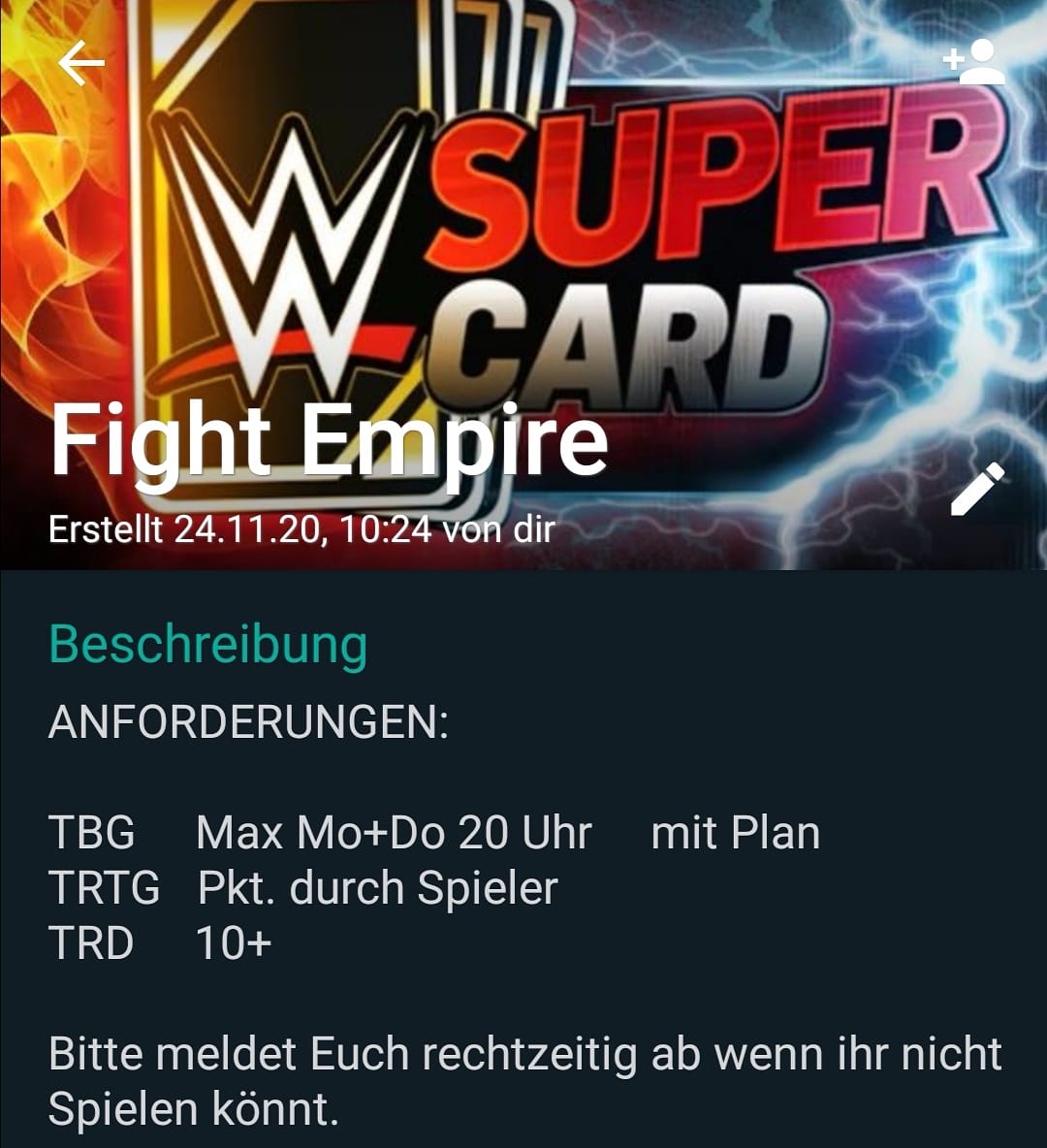 MrAngezockt's tweet photo. Ich bin in einem neuen Team und wir suchen verlässliche und aktive Spieler ab Stufe Bio.
Kommt für einen Austausch gerne auch auf dem discord #wwesupercards #wwesupercard #mrateam #teamsuche https://t.co/5SRw9qji5V