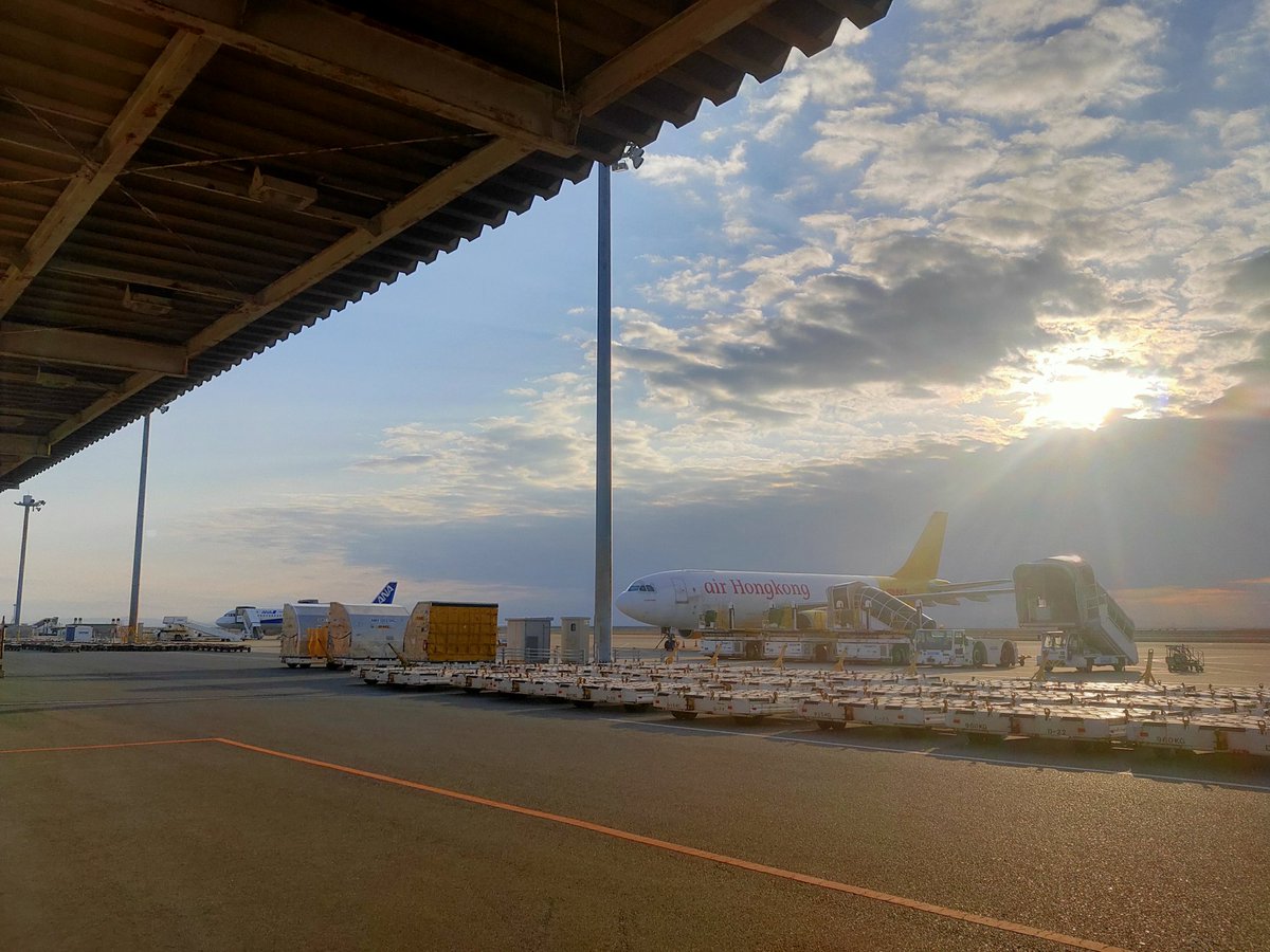 中部国際空港セントレア 貨物上屋からみる貨物地区スポットをお届け 写真左の黄色い尾翼のエアホンコンはこの冬スケジュールから朝到着夜出発にダイヤ戻りましたね このあと台北やソウル 成田からジャンボや767フレイターが到着し 貨物を積み替えてまた