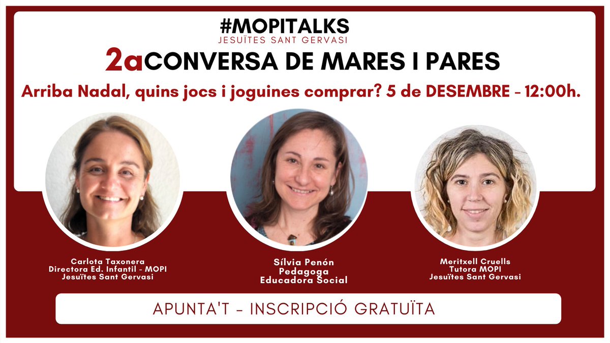 JesuitesEdu's tweet photo. 🎁 S'apropa el Nadal i ens preguntem: quin tipus de jocs i joguines hem de comprar? Ho aclarirem a #JEStGervasi en la segona conversa de mares i pares amb experts #MOPITalks.
📆 Dissabte, 5 de desembre.
📲 Ja us hi podeu inscriure: https://t.co/ytR5Cu1t7j https://t.co/k1k8qavrpu