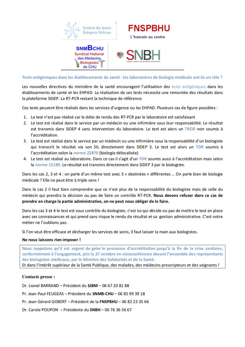 🧫 Tests antigéniques dans les établissements de santé : les laboratoires de biologie médicale ont-ils un rôle ?
Communiqué SJBM / FNSP BHU / <a href="/SNMBCHU/">SNMBCHU</a> et @lesnbh 

#covid19 #biologiemédicale