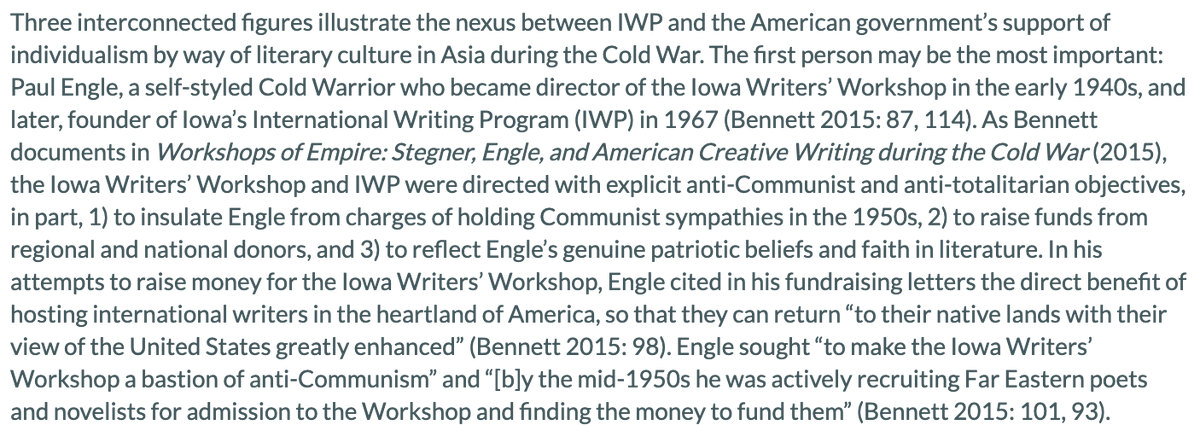 McCarthy's Iowa connections are important: James Shea in "From Iowa City to Kowloon Tong: On the Cold War origins of creative writing pedagogy in Hong Kong" includes him a trio with CIA agent/Iowa Writers' Workshop founder Paul Engle and his wife, Hualing Nieh Engle 聂华苓.