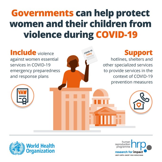 Governments can help protect women & their children from violence during  #COVID19. Incl. violence against women essential services in COVID-19 emergency preparedness & response plans Support hotlines, shelters & other specialized services #16Days  
