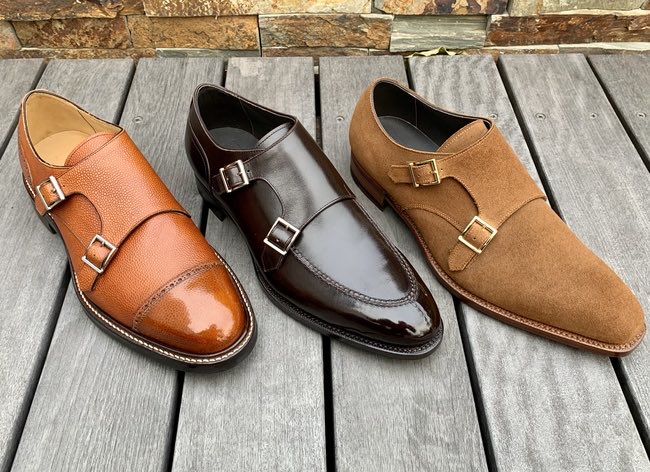 三陽山長 日本橋髙島屋s C 店 デザインで遊ぶ Pattern Made 受注会開催中 左から 源七郎 パンチドキャップダブルモンク 源三郎 スキンステッチダブルモンク 源之介 プレーントゥダブルモンク バックルもシルバーとゴールドの2色から選べます