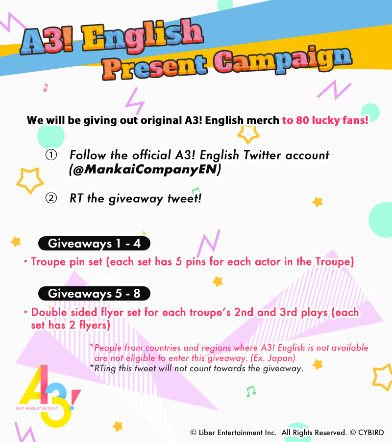 MankaiCompanyEN's tweet photo. Special announcement:
The A3! English Present Campaign is starting tomorrow! We'll be holding a series of contests for each troupe! Follow these contest rules to enter for some special original merch for your favorite troupe! Don't miss it! 
DL: https://t.co/wvTm8kC08Q
#a3game https://t.co/J7UJEP2Ke9