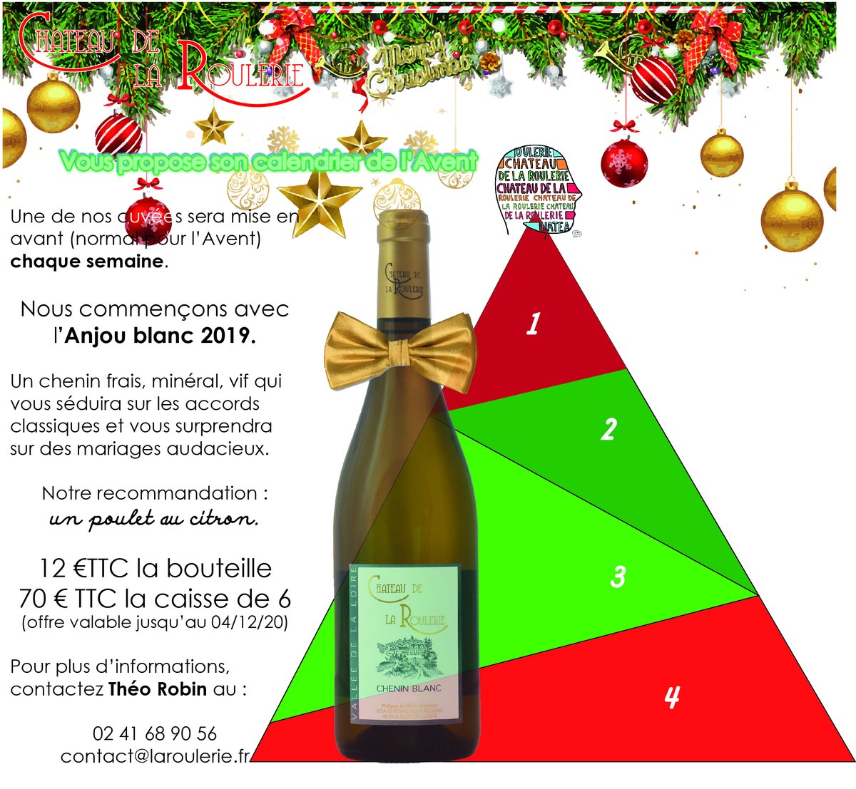 Voici le calendrier de l'Avent de la Roulerie.
Chaque semaine, une de nos cuvées sera mise en avant (je suis très drôle) et en promotion jusqu'à Noel. 
On commence avec l'Anjou blanc 2019.
#fandechenin #anjou #ideecadeau #roulerie
