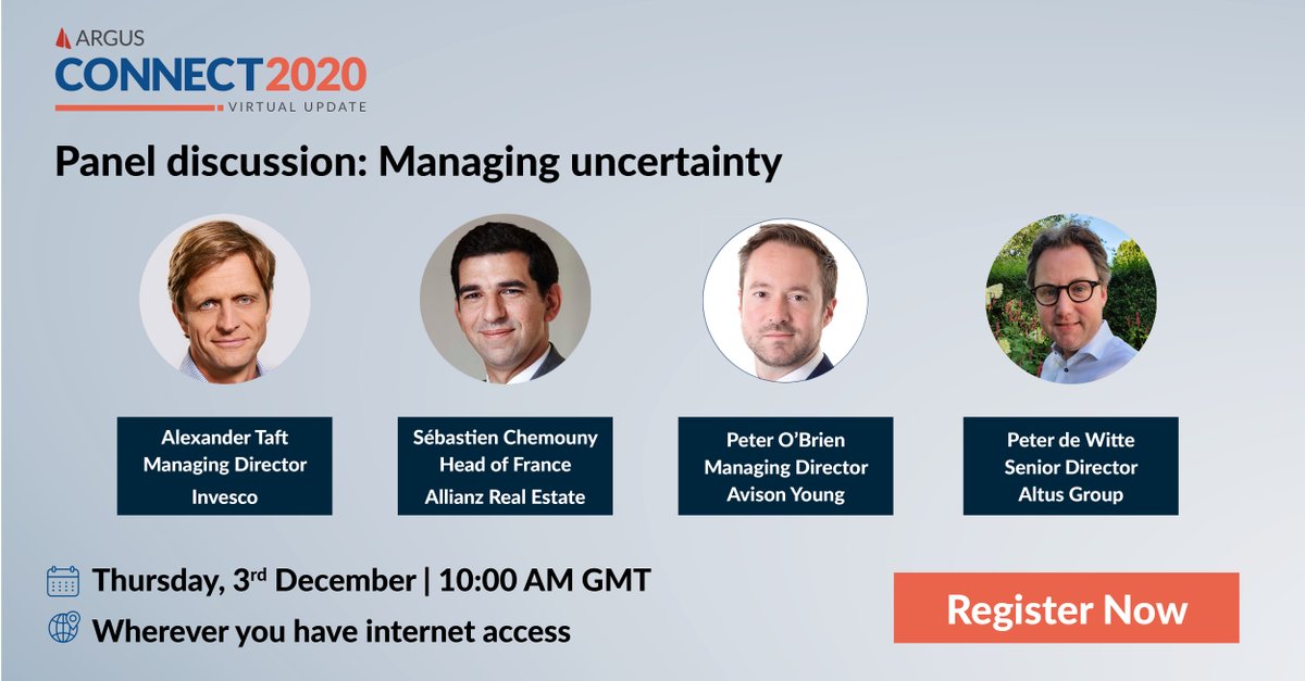 Join the panel discussion ‘Managing uncertainty’ and listen to industry leaders sharing insights on the current climate of the #CRE market. Register here to this year’s ARGUS Connect virtual update next week: ow.ly/Nfkt50Choli #CommercialRealEstate #ARGUSConnect