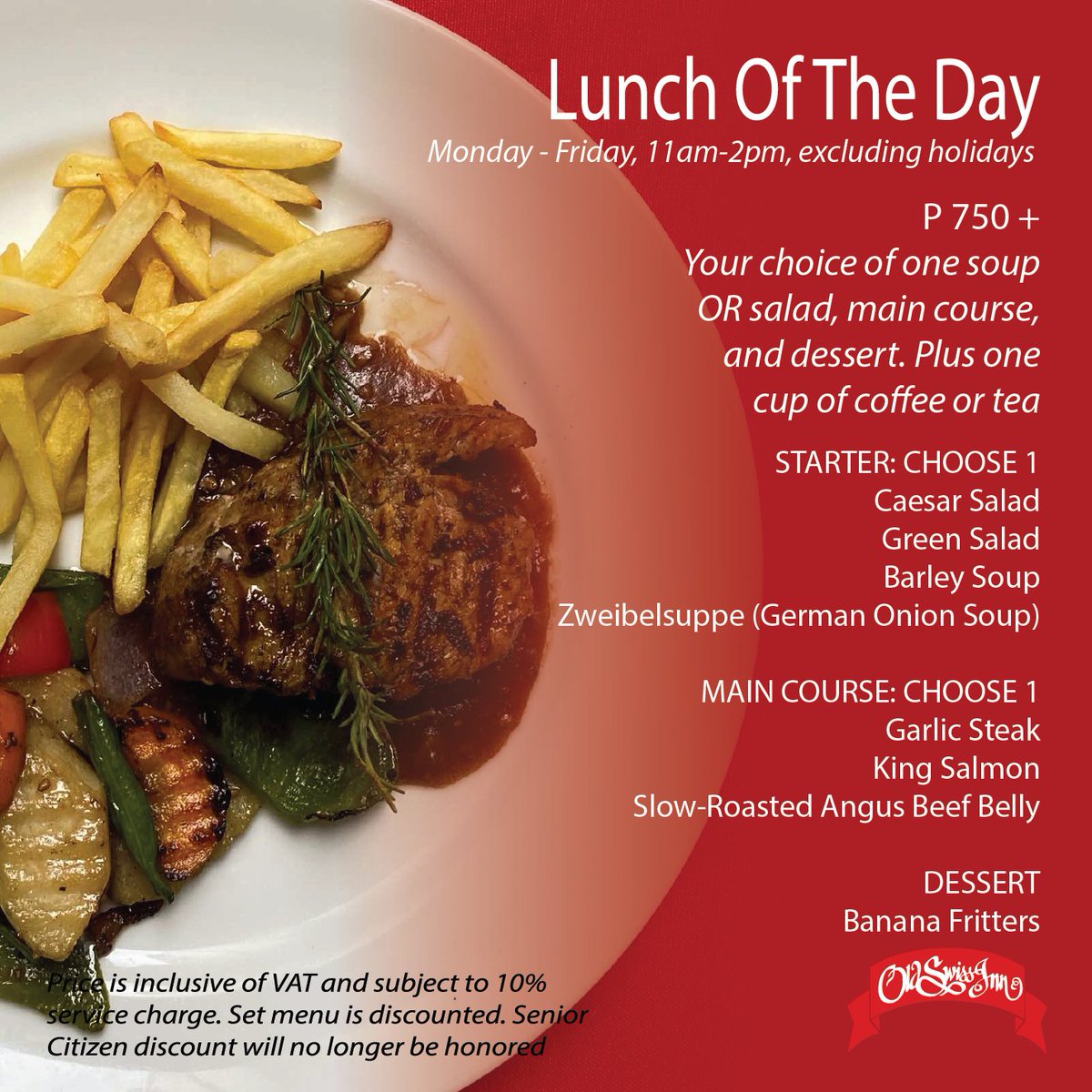 oldswissinn's tweet photo. We're bringing back our Lunch Of The Day since we're seeing more people going out for lunch! So here is our menu for the next 2 weeks starting Dec. 1, Tuesday. Please note that we will be closed on Nov. 30,  Monday. Also, al fresco dining is available. #Lunchoftheday #SetLunch https://t.co/4skfvhOL4w